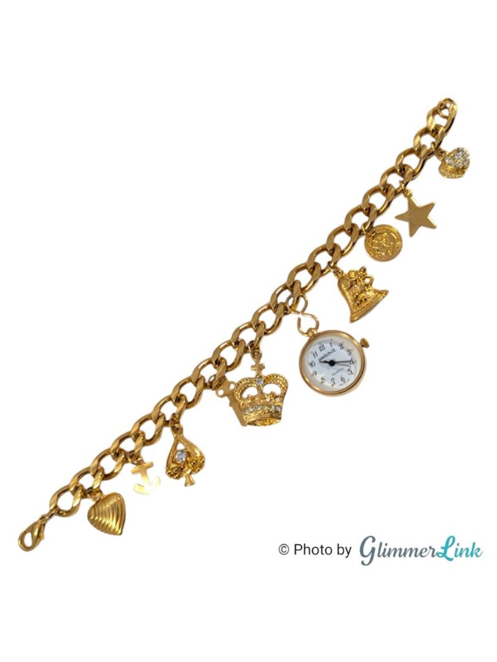 Vintage Watch-It Gold Tone Charm Bracelet Watch Rhinestone Crown Heart 7 1/2" - Picture 4 of 11